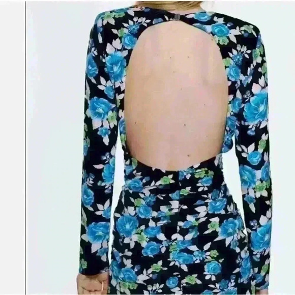ZARA Floral Open Back Long Sleeve Blue Black  Pink Mini Dress size XS - Picture 4 of 10